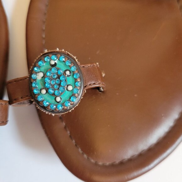 Vintage-Inspired Embellished Brown Sandals With Turquoise & Yellow Accents Size - Picture 5 of 6